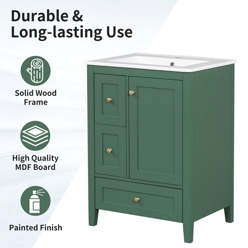 24″ Bathroom Vanity w/Ceramic Sink, Freestanding Vanity Cabinet, 3 Drawers, Door