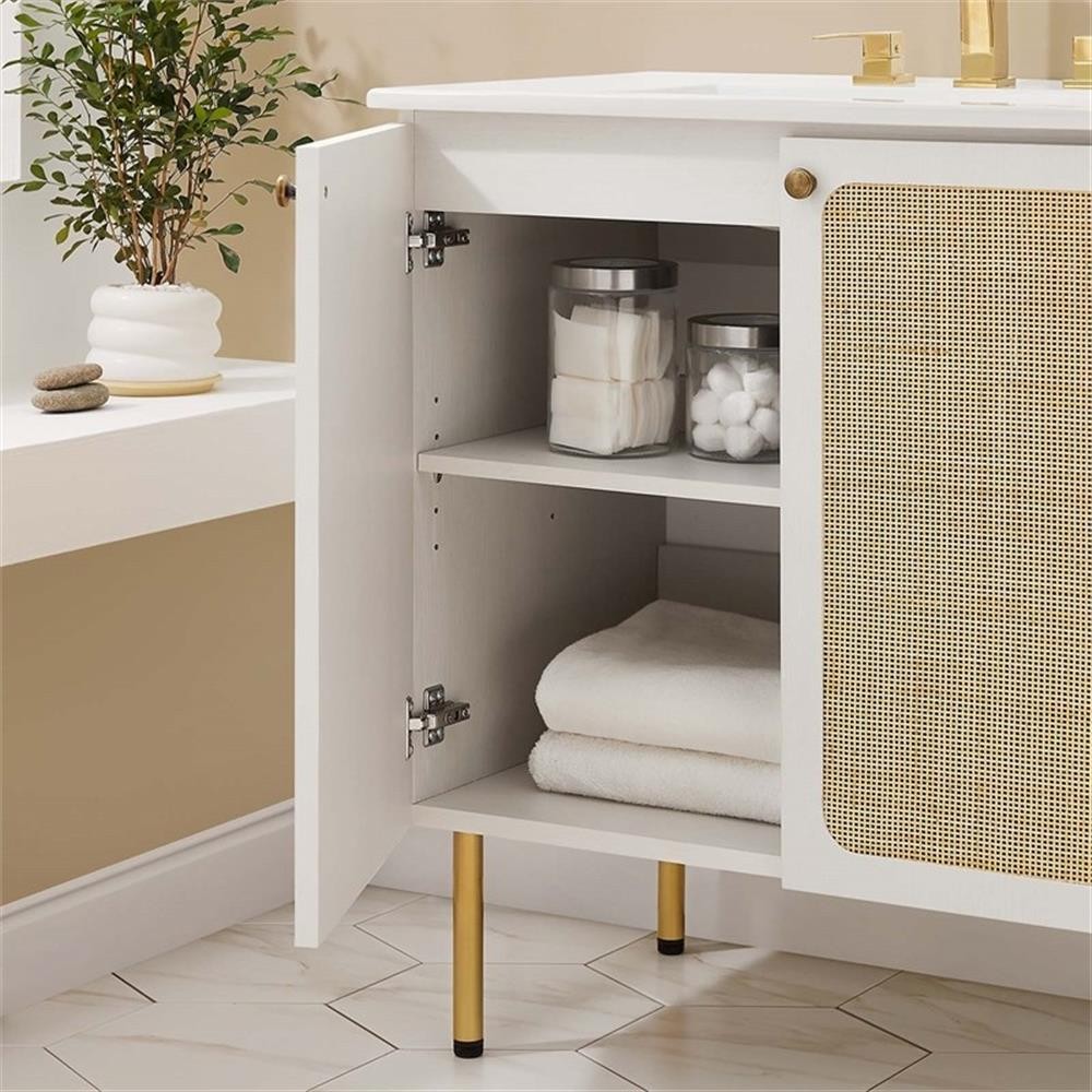 Pemberly Row 30″ Wood & Rattan Bathroom Vanity with Adjustable Shelf in White
