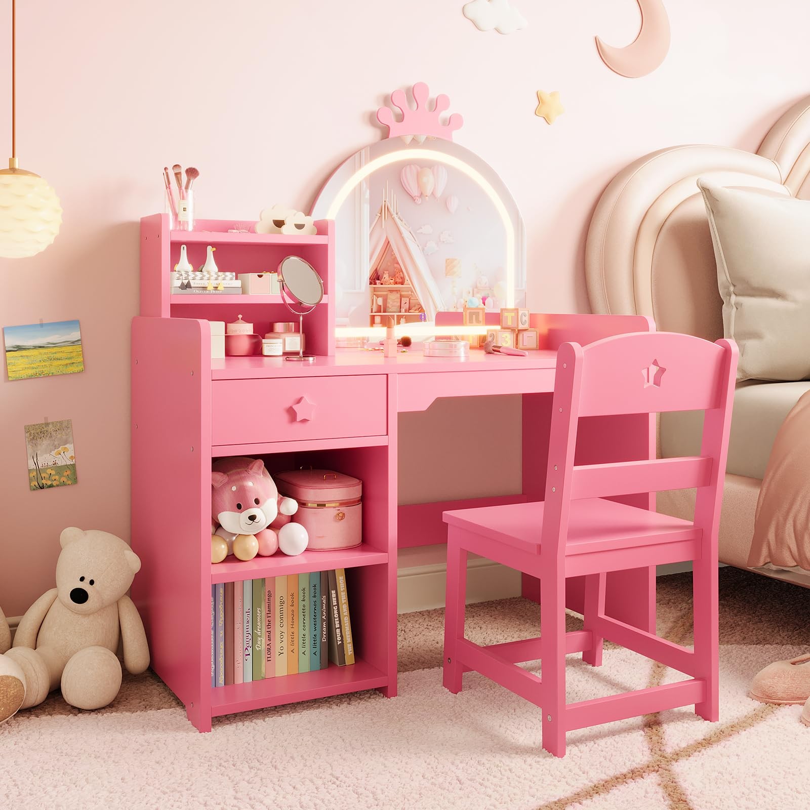 Kids Vanity with Lights 2-in-1 Princess Makeup Table Chair Set Bookshelf Pink