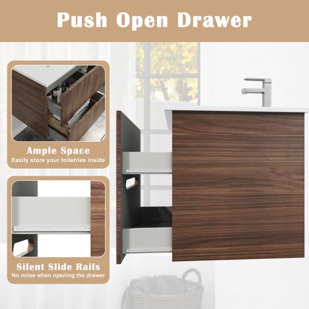 24″ Wall Mounted Single Bathroom Vanity with Ceramic Sink & Faucet, White/Oak