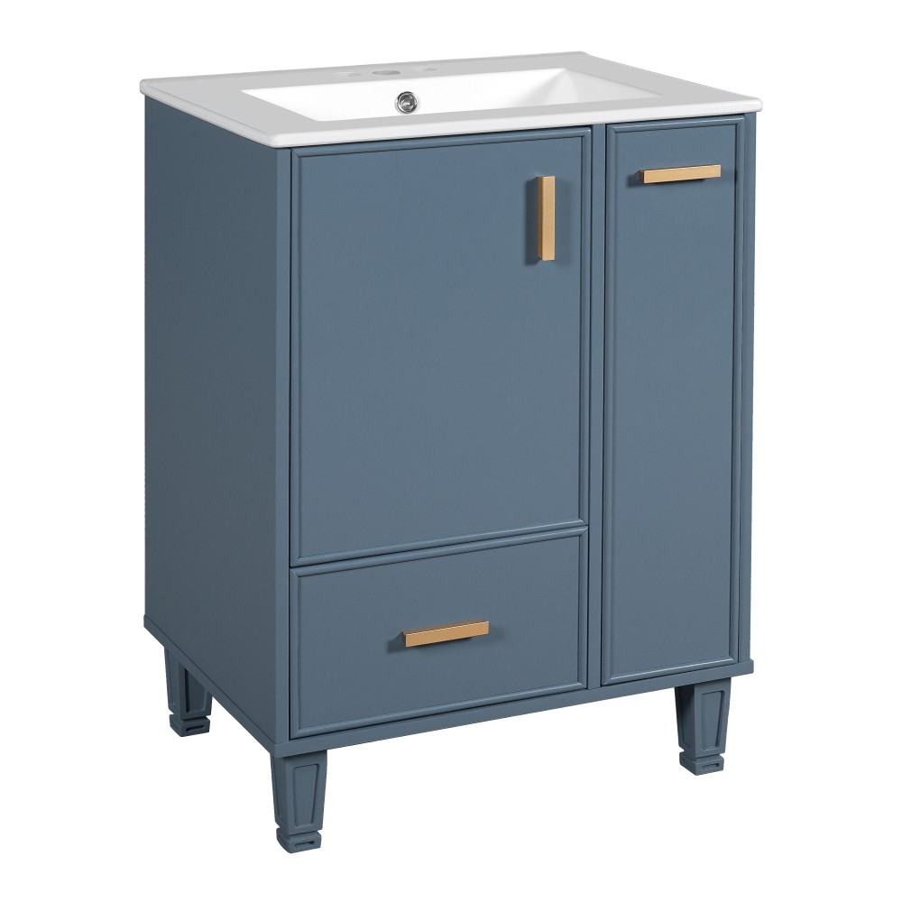 24″ Grey Blue Bathroom Vanity with Ceramic Sink Solid Wood Frame MDF Board