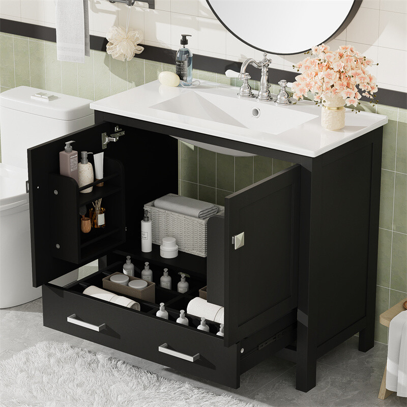 36″ Black Bathroom Vanity with Ceramic Sink Bathroom Cabinet with Ample Storage