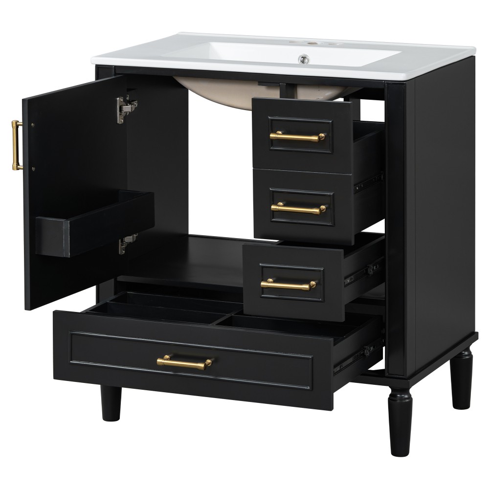 Traditional 30″ Black Bathroom Vanity Set, Floor Standing, with Three Drawers
