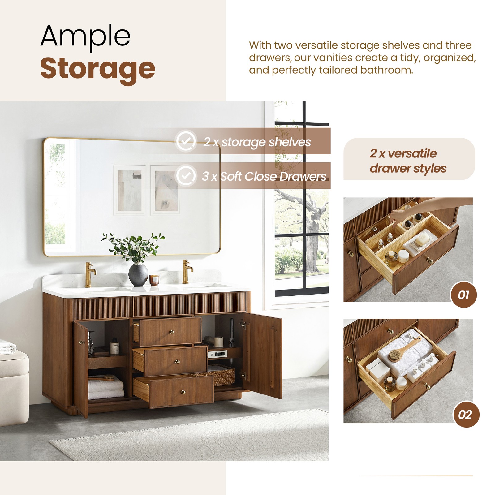Zogno 60″ Double Sink Bath Vanity in Natural Walnut with White Grain Stone Top