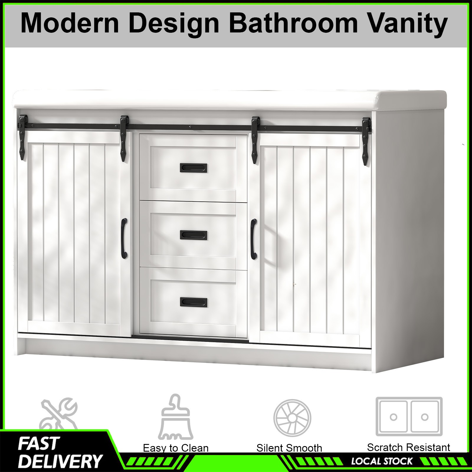 Modern 47″ White Bathroom Vanity Double Ceramic Sinks 2 Drawers 2 Sliding Doors