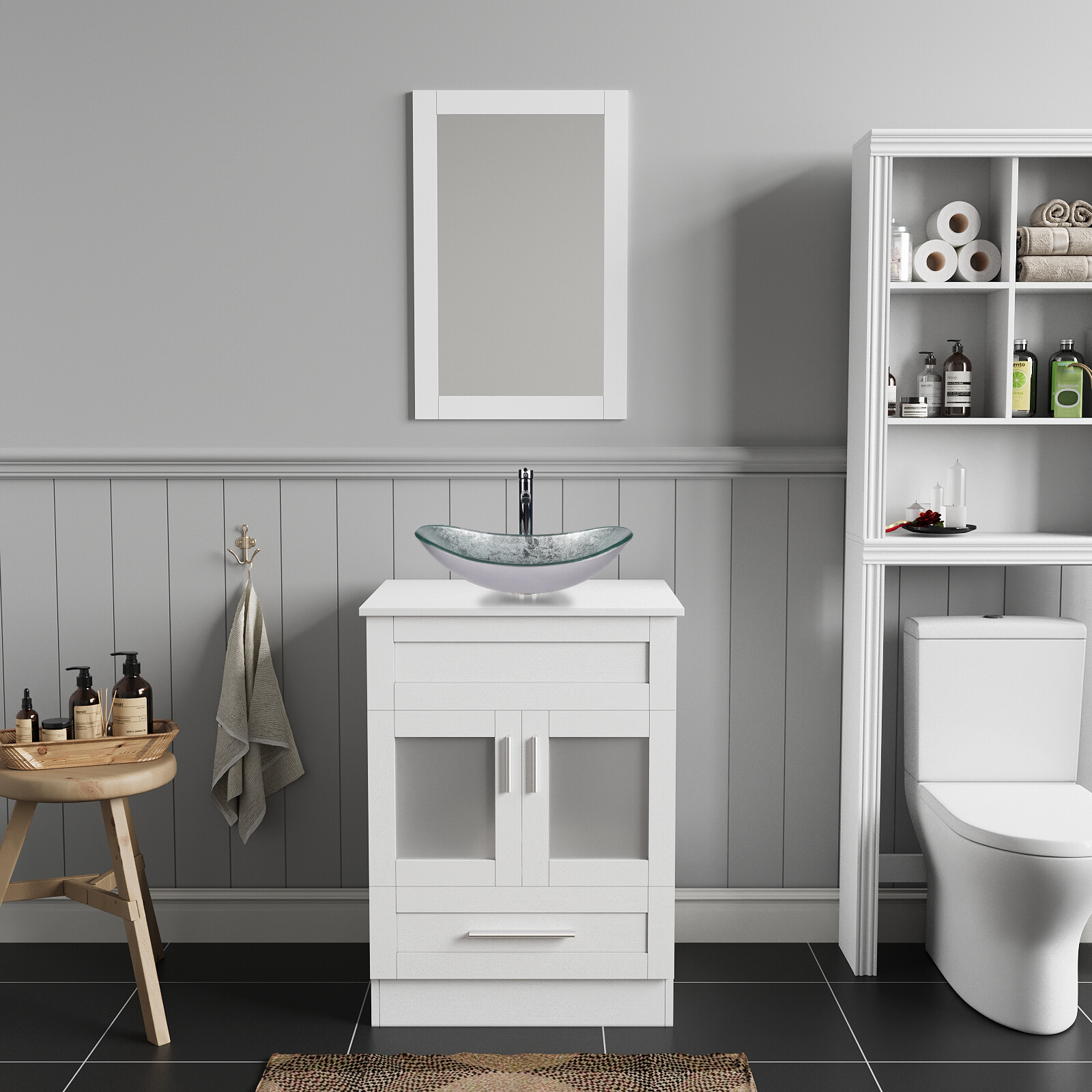 24″Modern Bathroom Vanity Set: All-in-One with Silver Glass Vessel Sink & Mirror