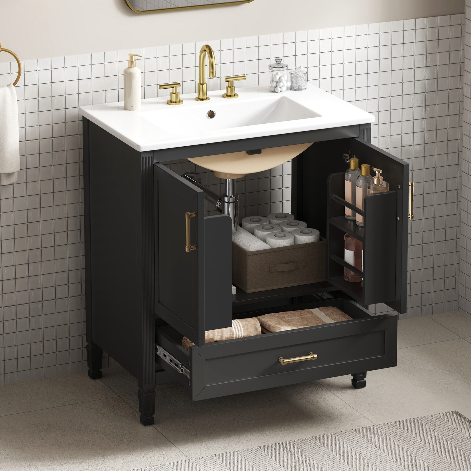30 Inch Black Fluted Bathroom Vanity with Ceramic Sink, Soft-Close