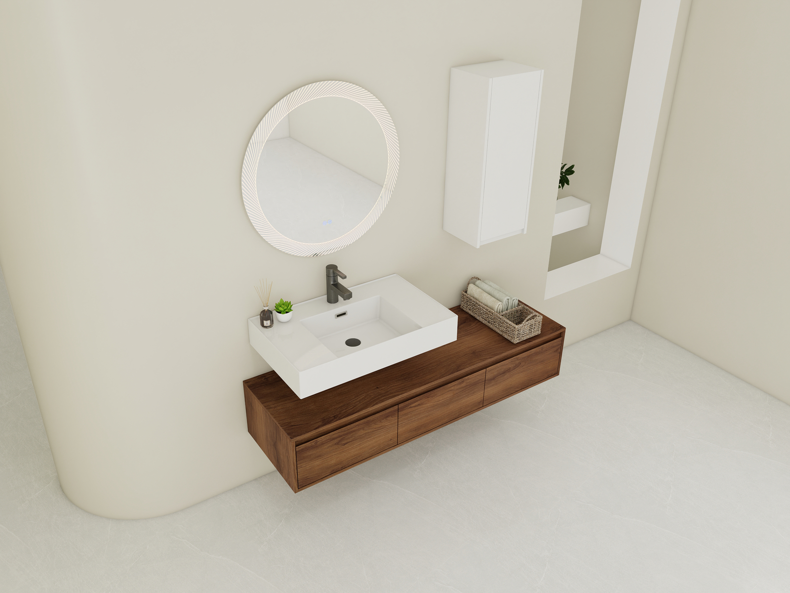 60in Floating Wall-Mounted Bathroom Vanity W/ Resin Sink+Side Cabinet +3 Drawers