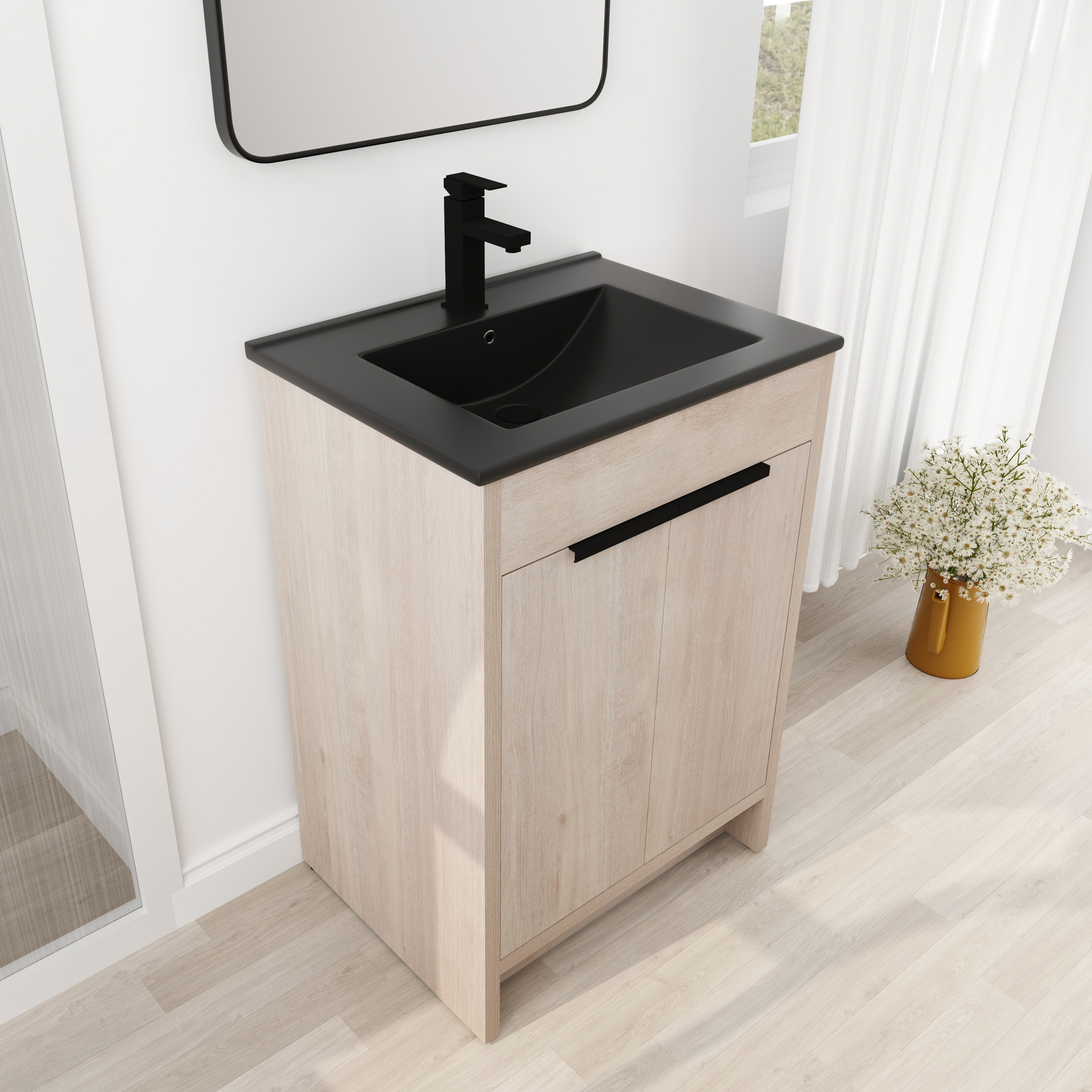 24″Wooden Floor Free Standing Bathroom Vanity Black Sink Cabinet For Small Space