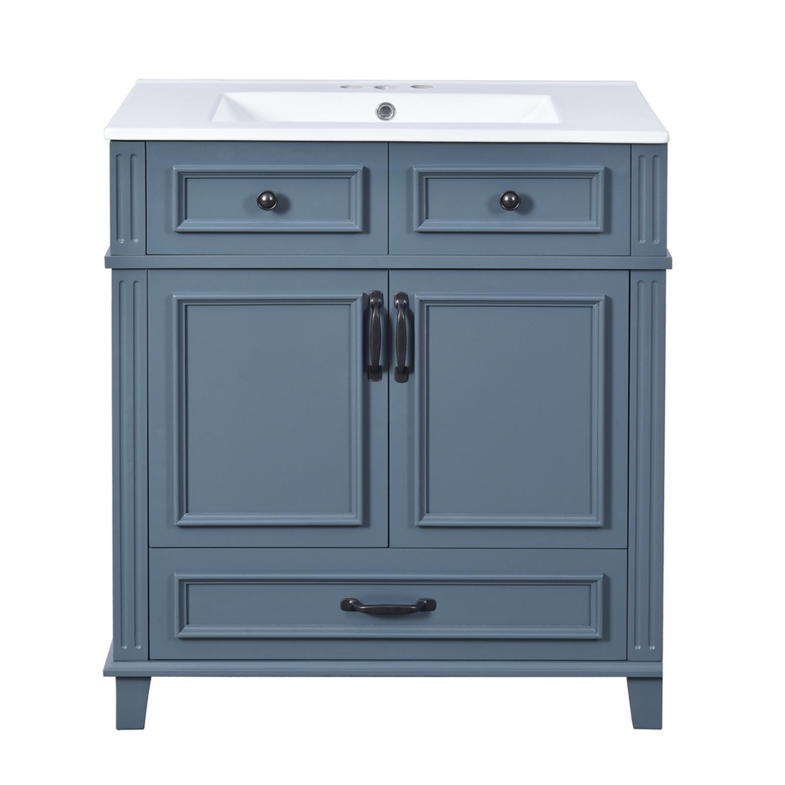 30” Bathroom Vanity in Retro Blue, Solid Wood Frame & Ceramic Sink, Ample