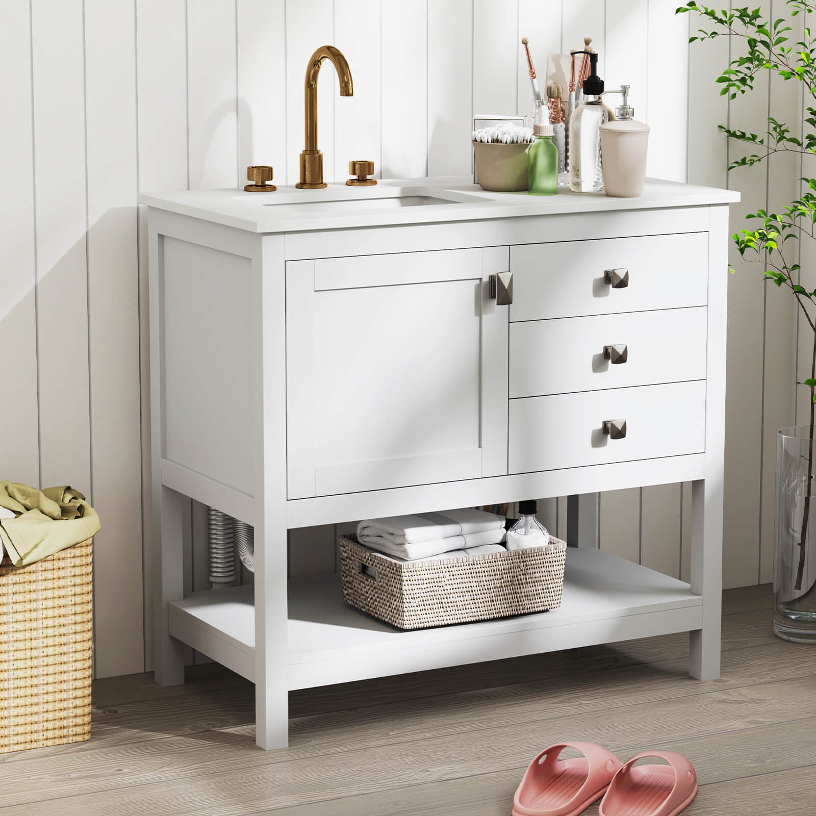 Bathroom Vanity Unit with Basin with Extra Wide Granite Countertop Ceramic Sink
