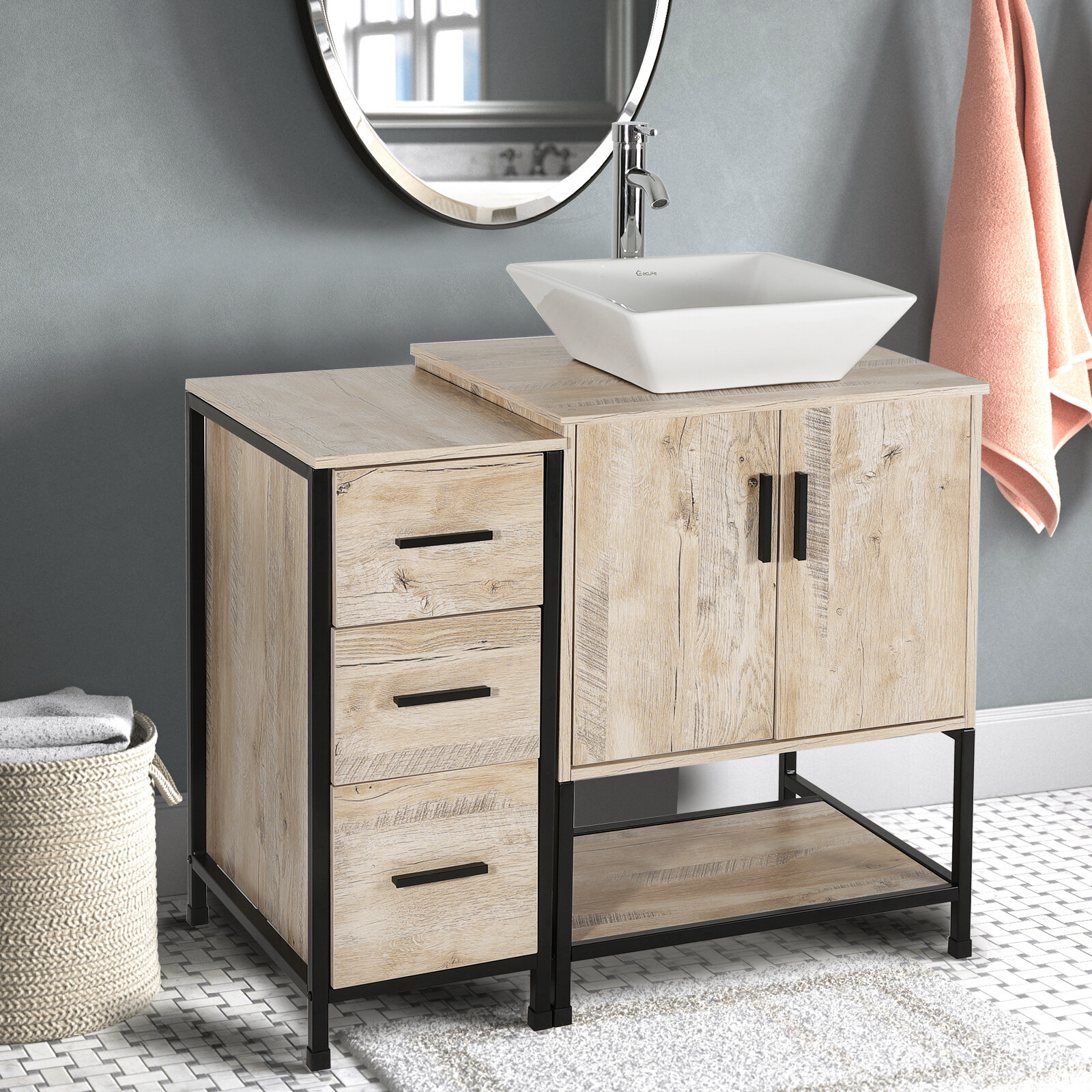 36″ Bathroom Vanity Sink Combo Oak Cabinet Vanity Tempered Glass/Ceramic Sink
