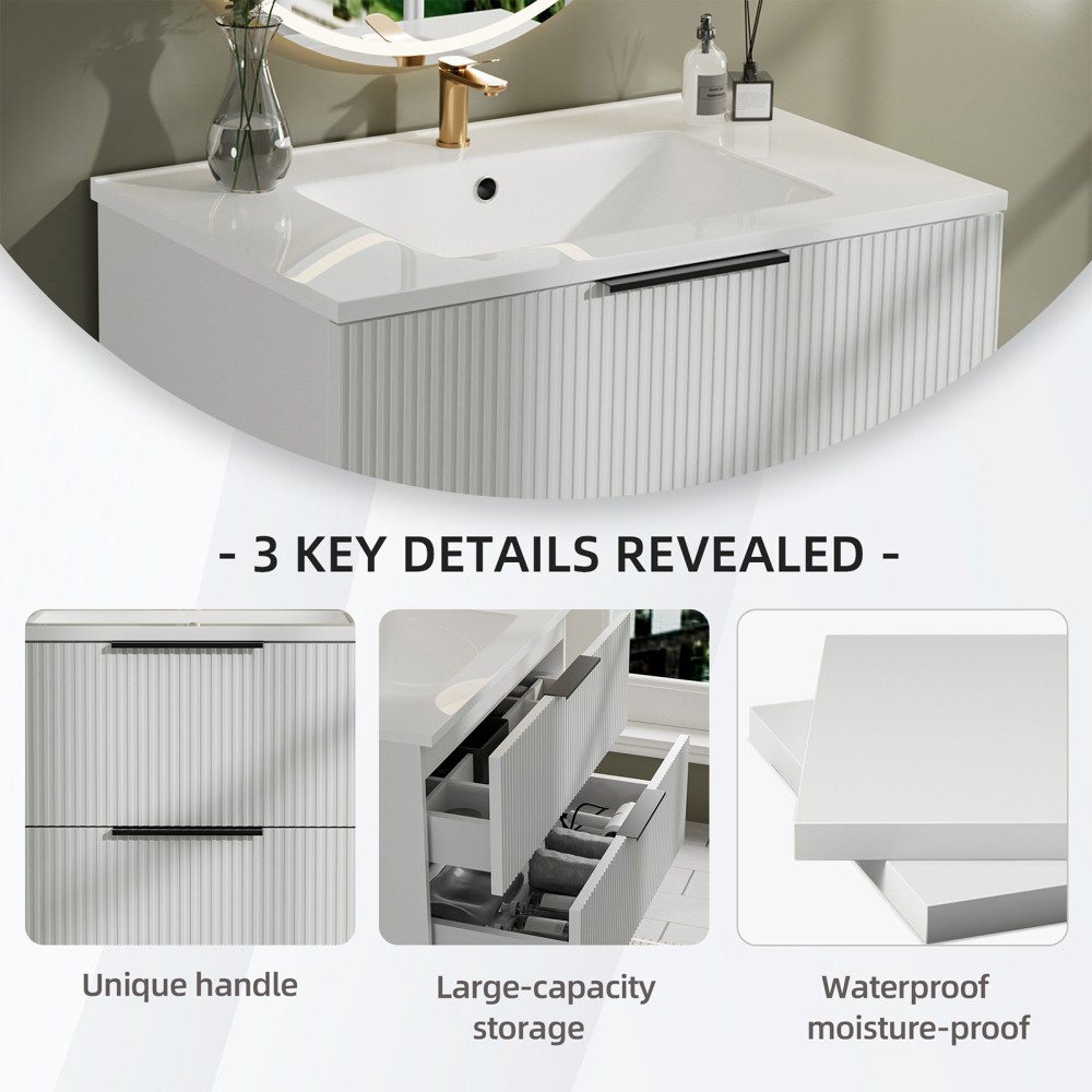 30″ Bathroom Vanity with Ceramic Sink, White Wall Mounted Fluted Cabinet