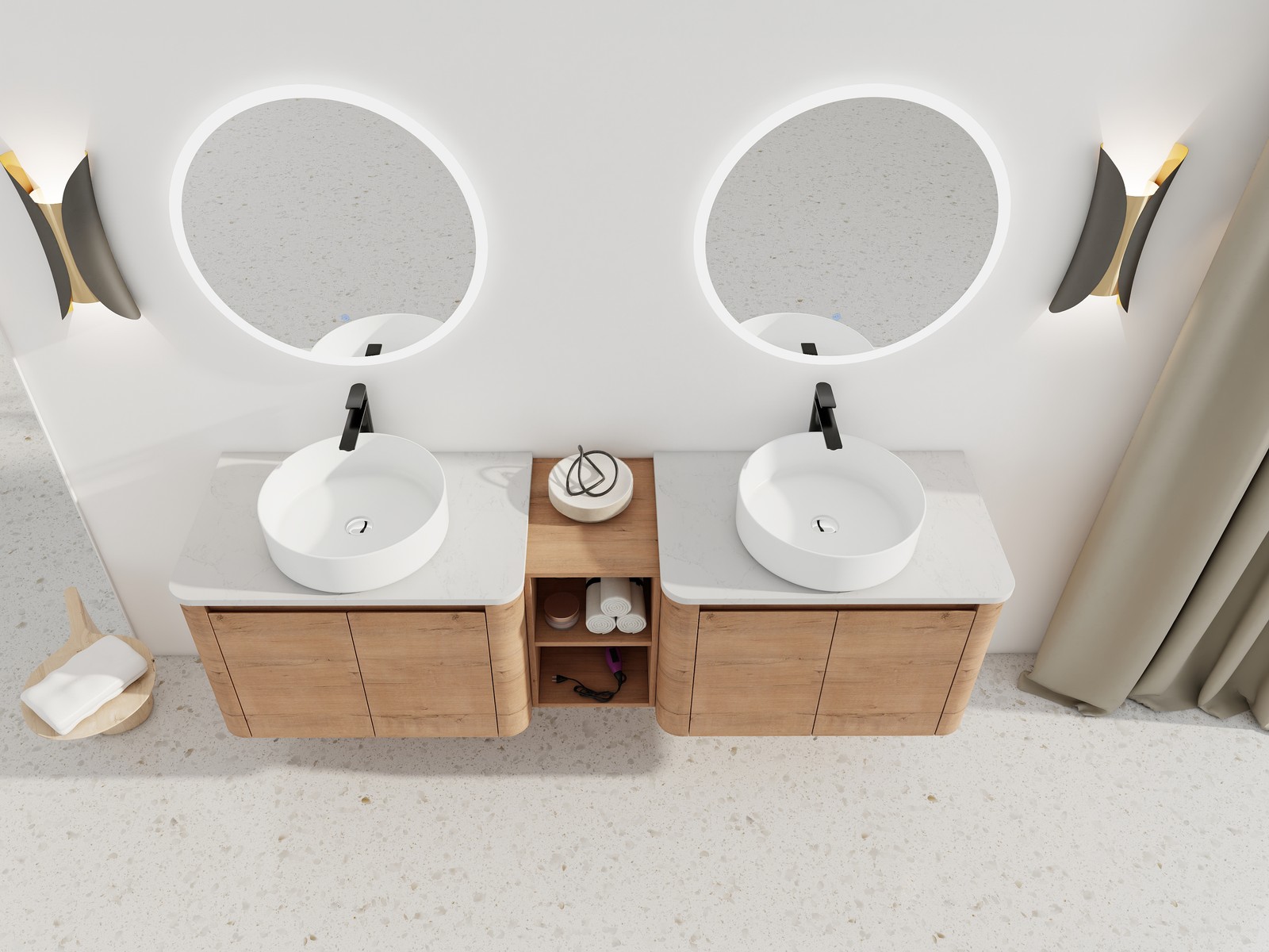 72in Wall-Mounted Bathroom Vanity W/ Double White Ceramic Basin Shelves Plywood