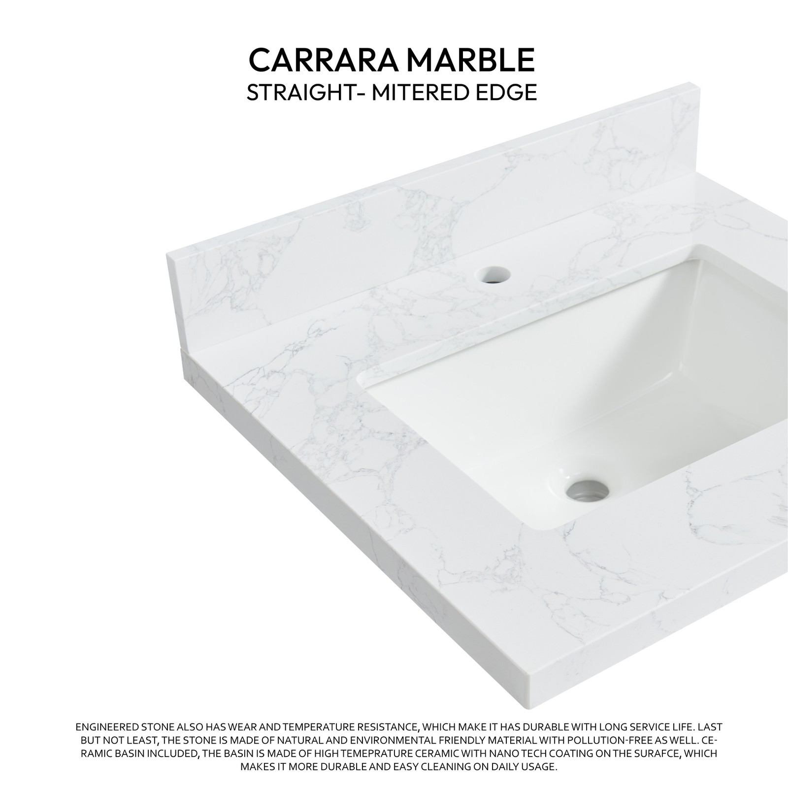 Malaga 25″W x 22″D Composite Stone Vanity Top in Grain White with Ceramic Sink