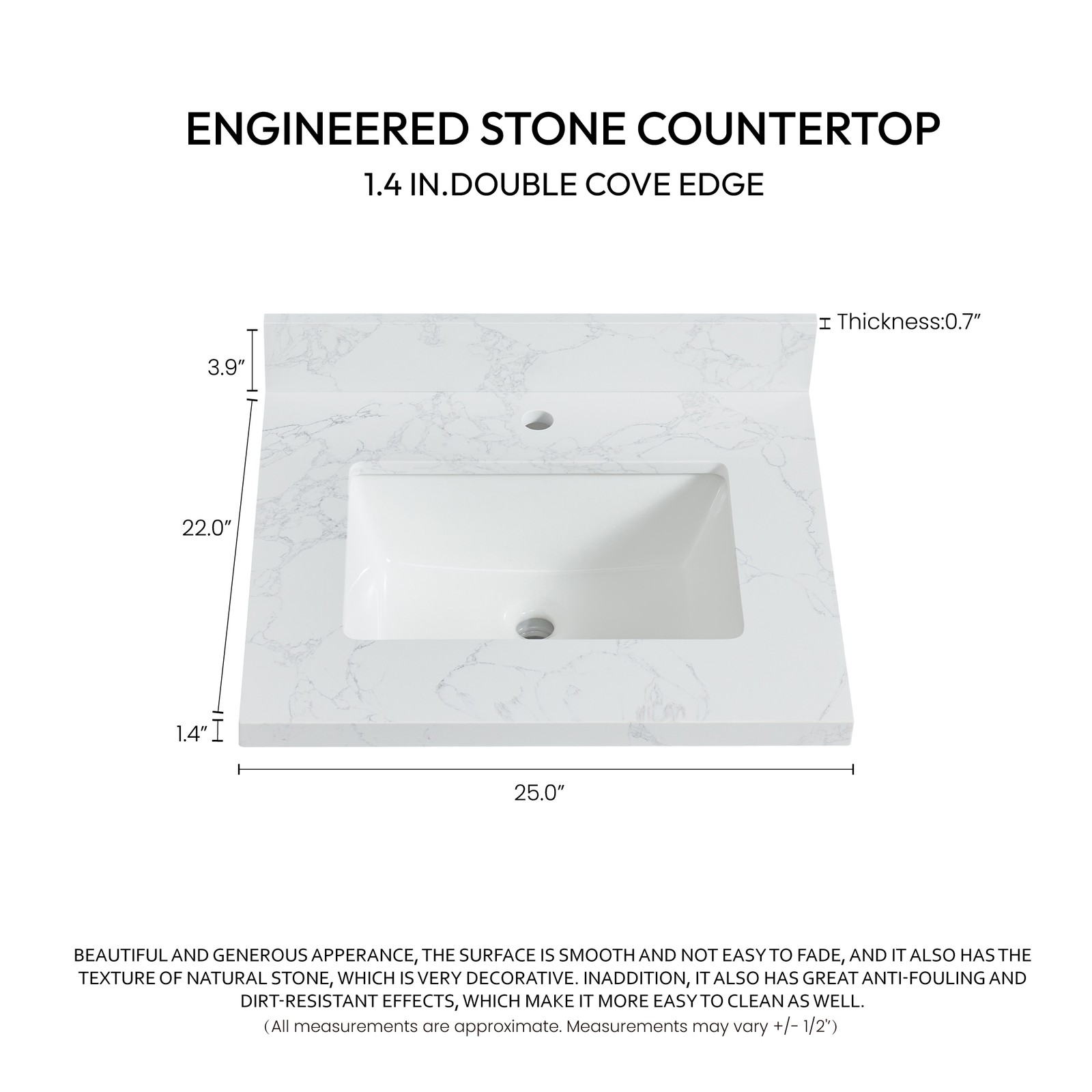 Malaga 25″W x 22″D Composite Stone Vanity Top in Grain White with Ceramic Sink