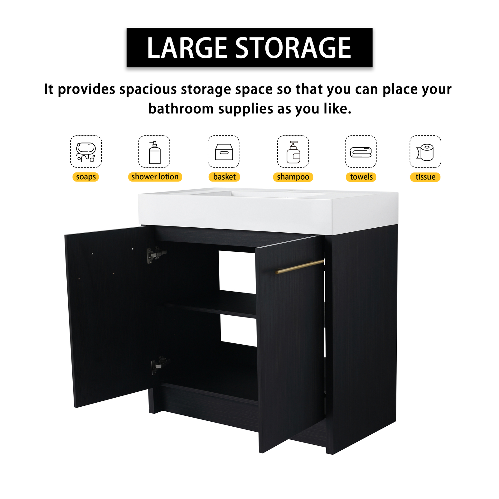 36 Inch Plywood Freestanding Bathroom Vanity with Resin Sink Door Cabinet Black