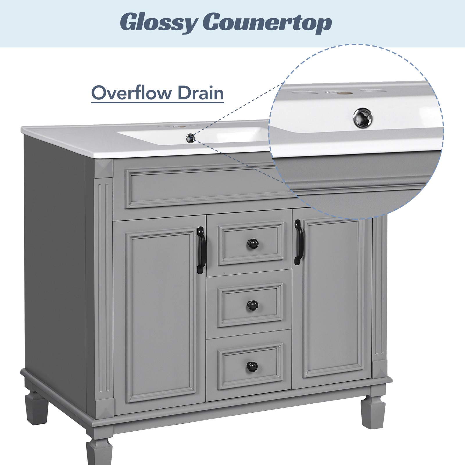 Single sink bathroom dressing table, 2 soft-closed doors and 2 drawers