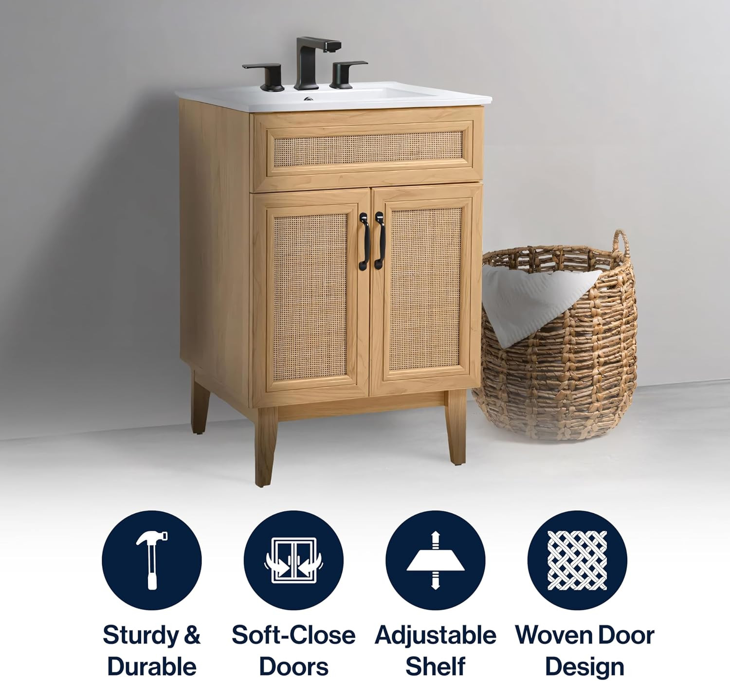Modern Farmhouse Rattan Bath Vanity Cabinet, 24″ W, Oak, 2 Shelves