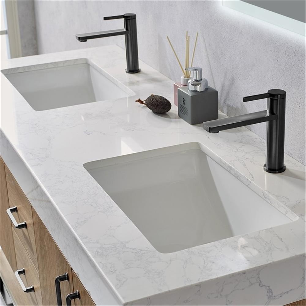 Pemberly Row 60″ White Stone Top Oak Double Vanity Black Frame w/o Mirror