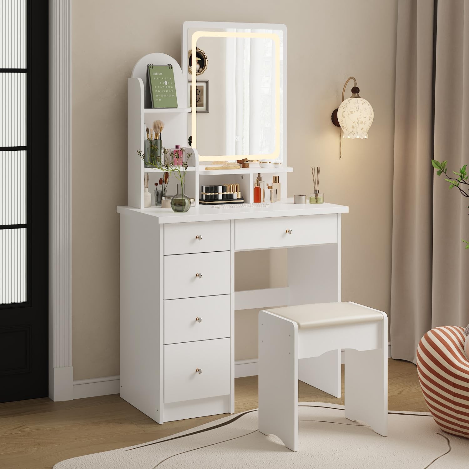 Vanity Set with LED Mirror Dressing Table 5 Drawers Shelves Makeup