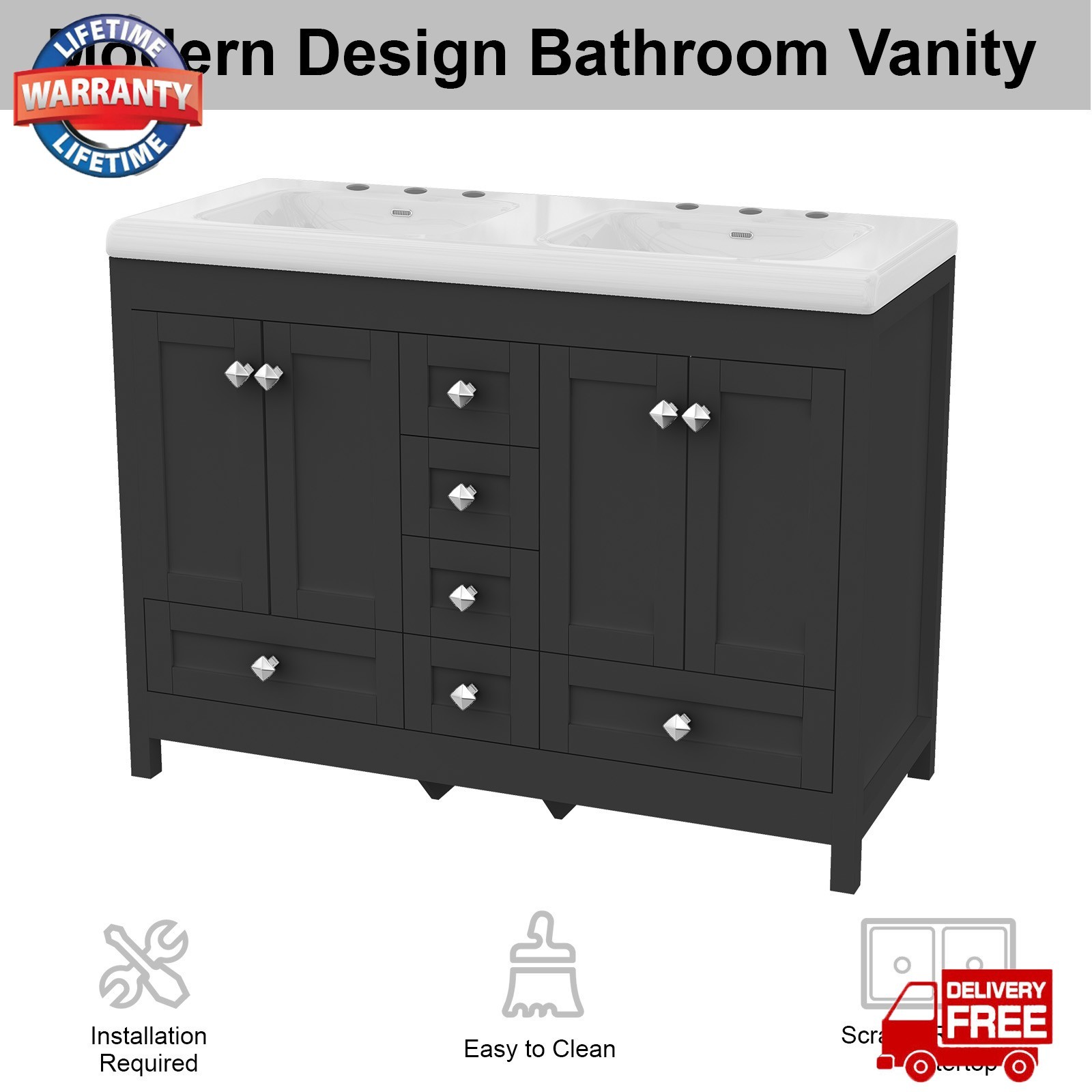 47″ Bathroom Vanity Cabinet with Double Sink Ceramic and 5 Drawers Freestanding