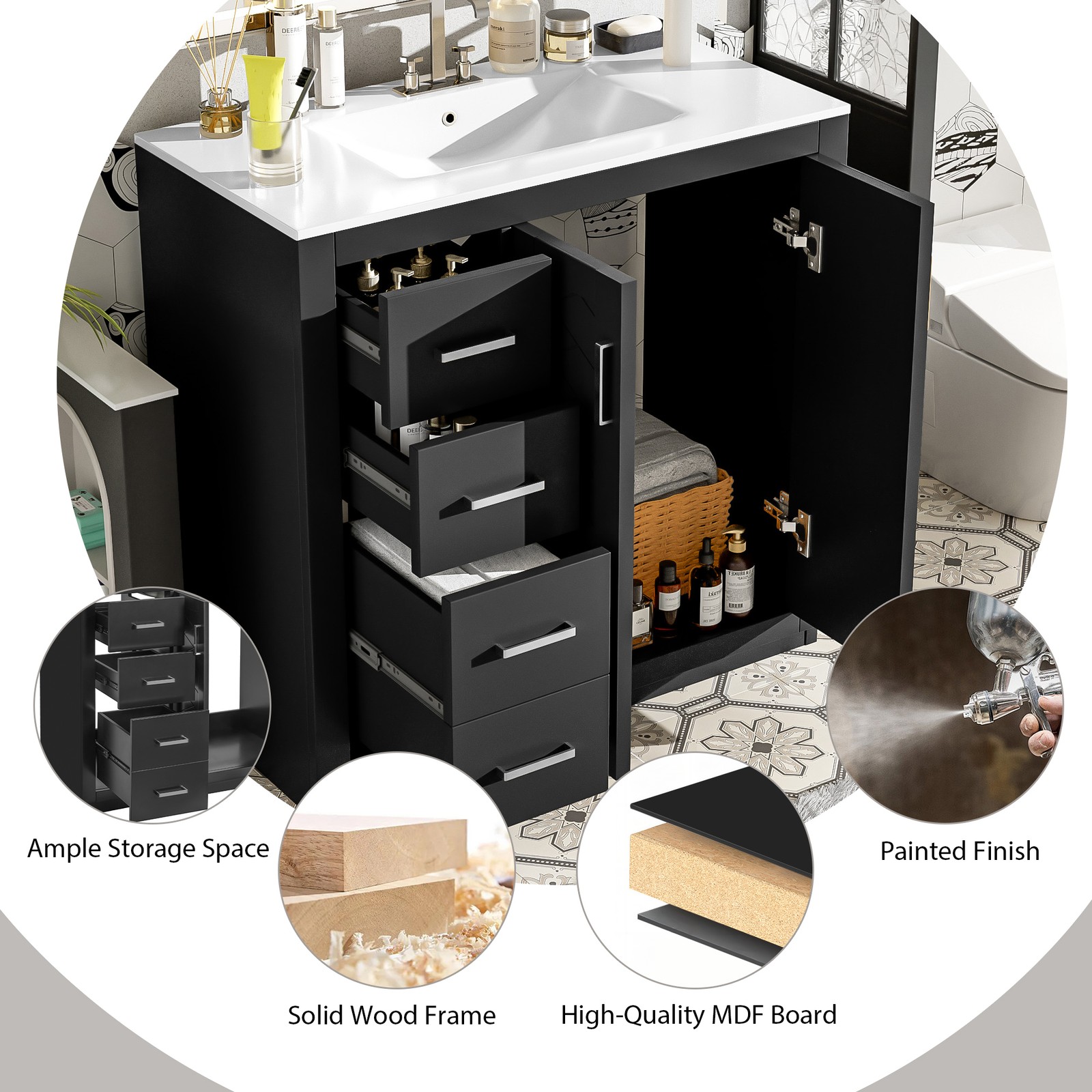 36″ Bathroom Vanity with Ceramic Sink, Solid Wood Frame, 3 Drawers