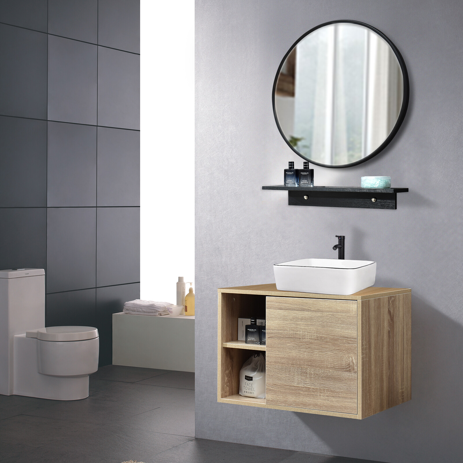 24 Inch Bathroom Vanity Set with Ceramic Sink Wall Mounted Floating Cabinet