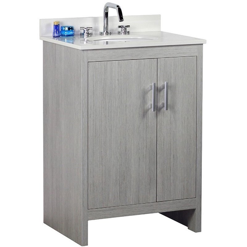 25″ Modern Single Solid Wood Vanity with Oval Sink in Gray Pine
