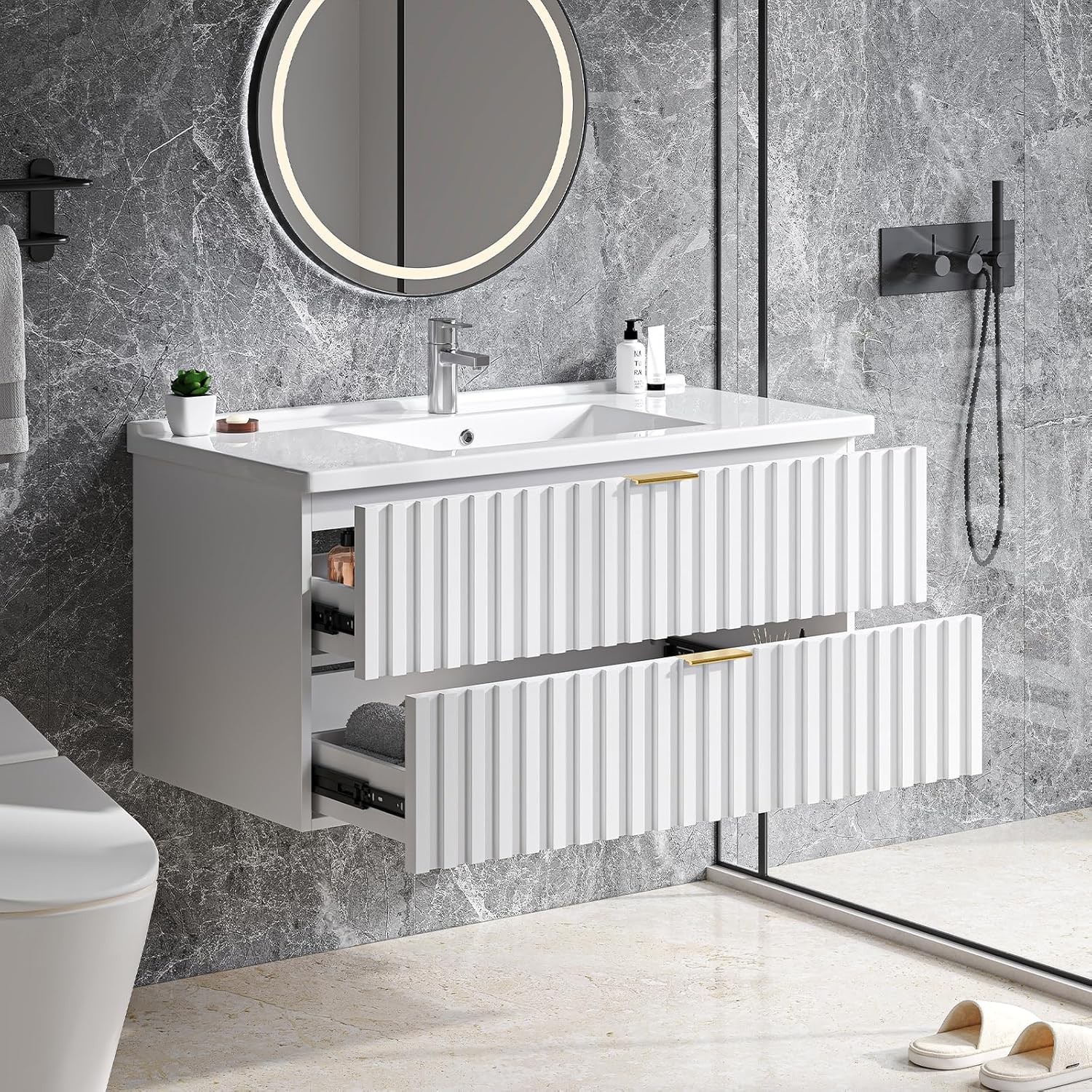 24 Inch Bathroom Vanity W/ Sink Combo Floating Bathroom Vanity W/ 2 Fluted
