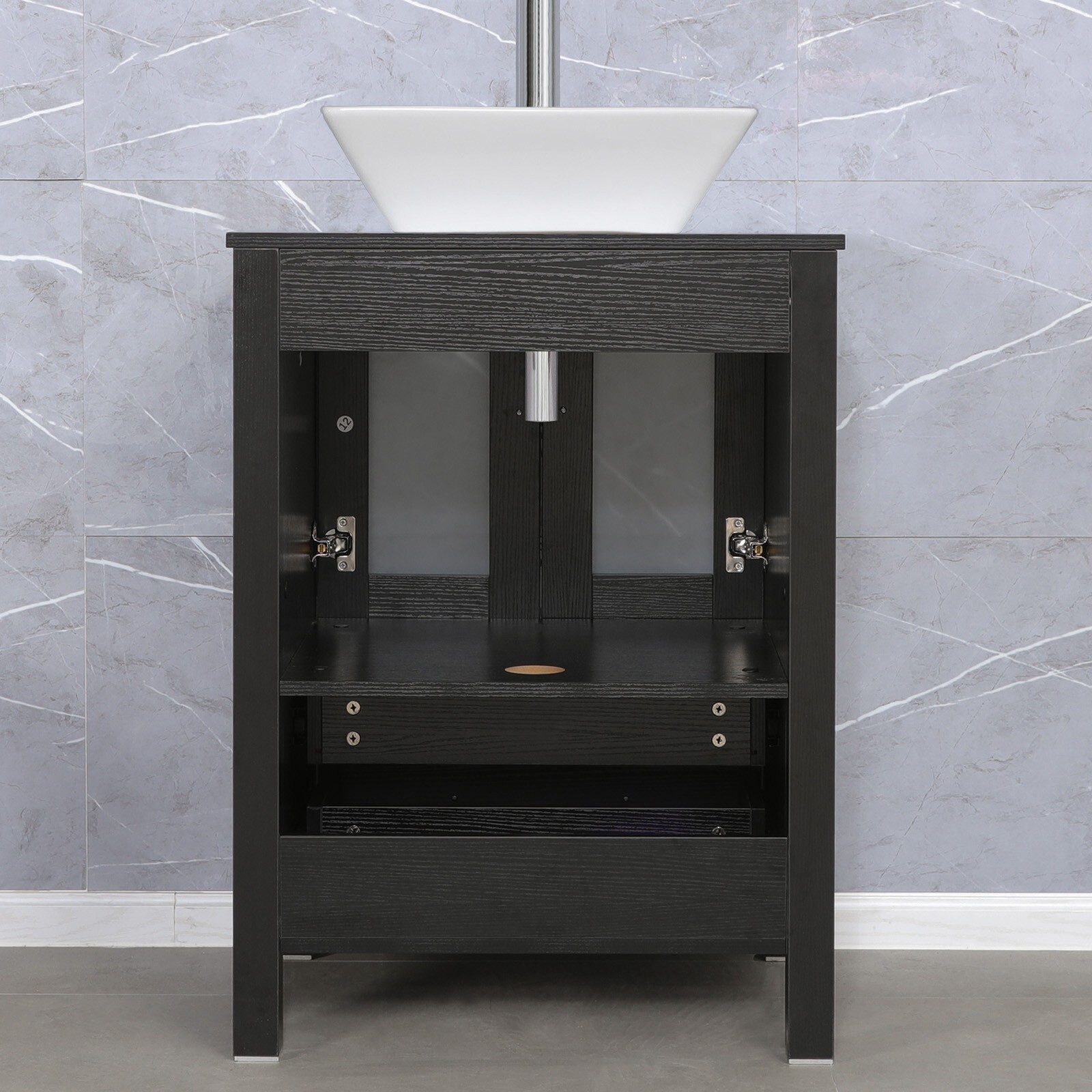 24″ Bathroom Vanity Set Black W/mirror & White Ceramic Sink Faucet Drain Combo