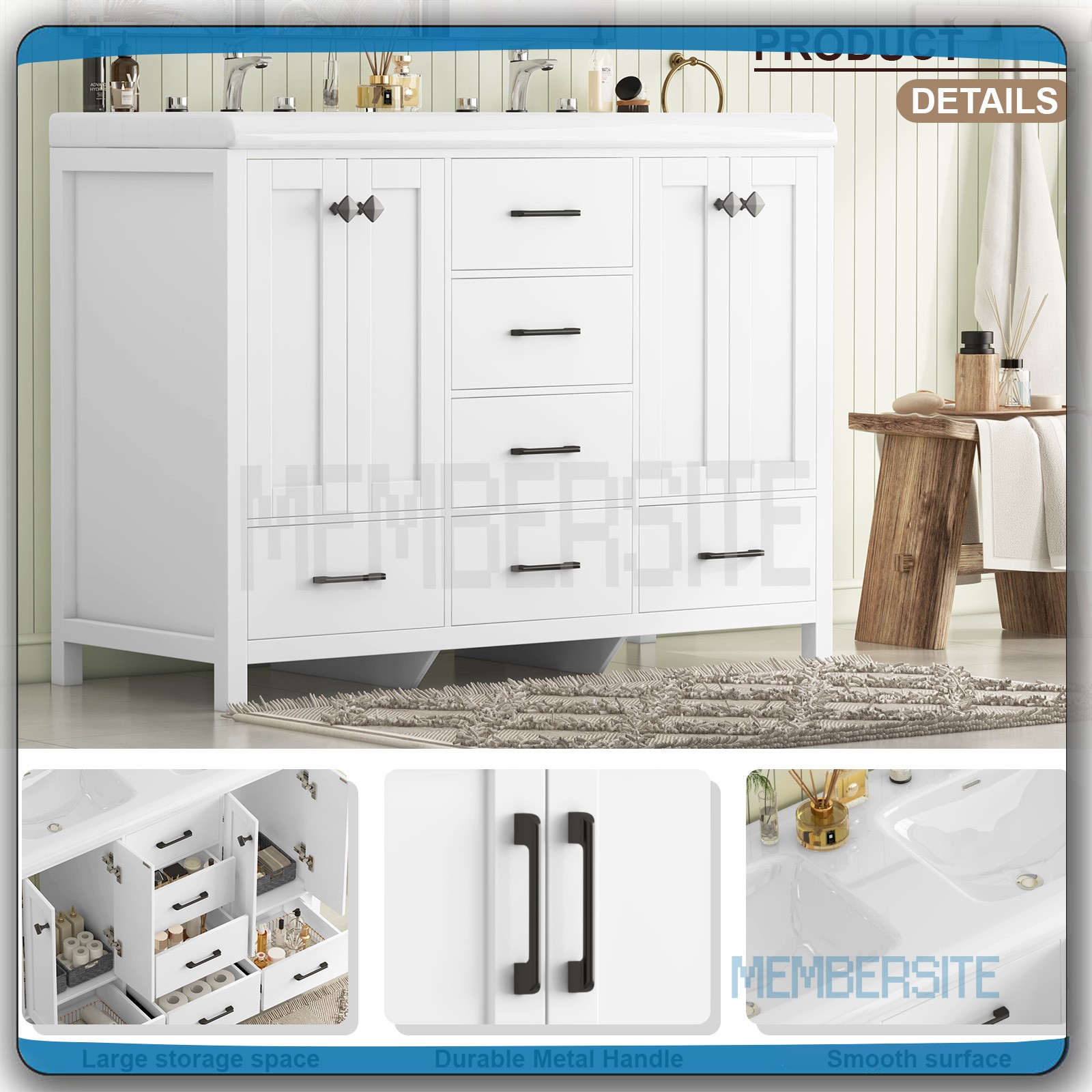 47.3″ Bathroom Vanity w/ Double Sinks Ceramic Cabinet and 5 Drawers Freestanding