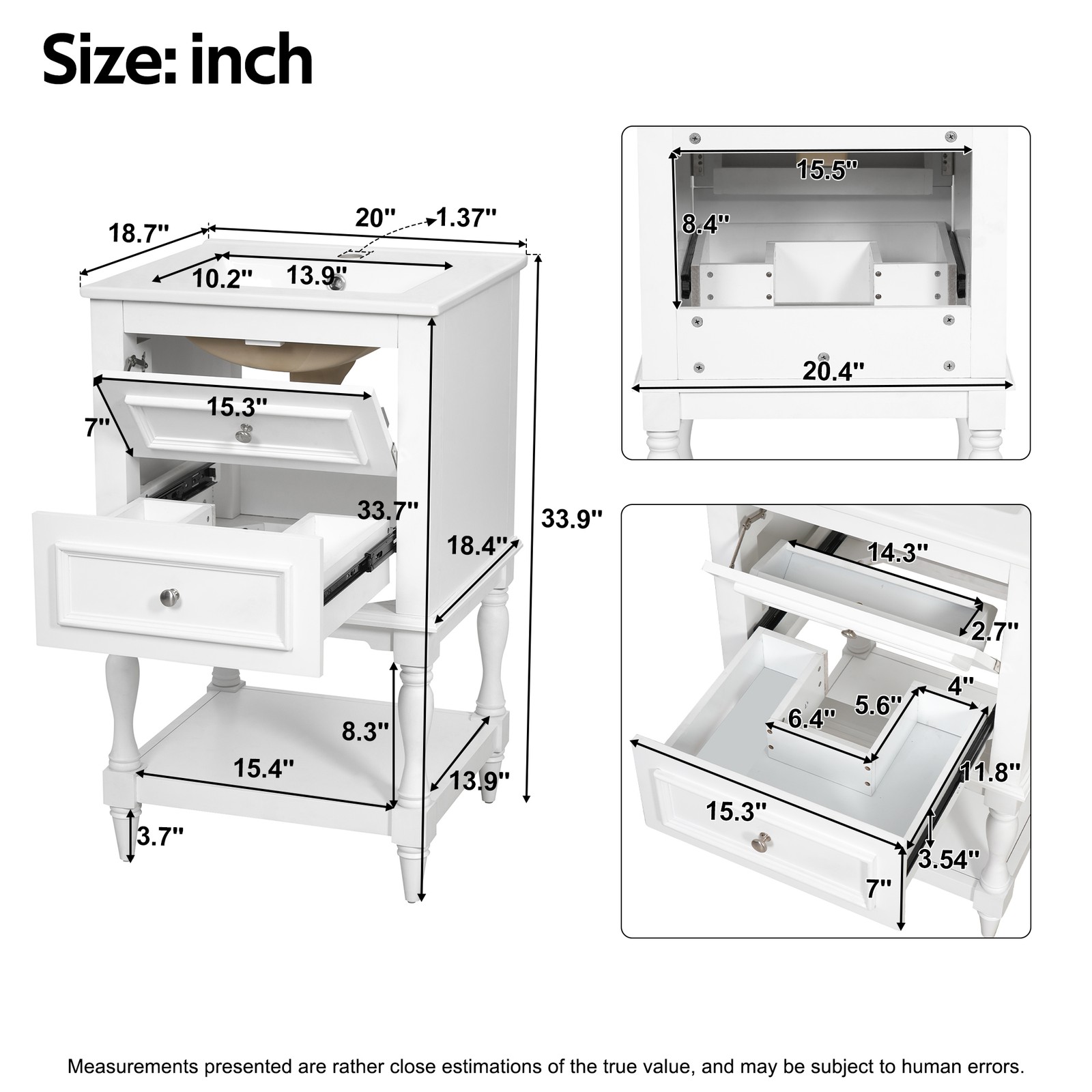20″ Bathroom Vanity with Ceramic Sink, 2 Drawers & Open Shelf, Retro Design