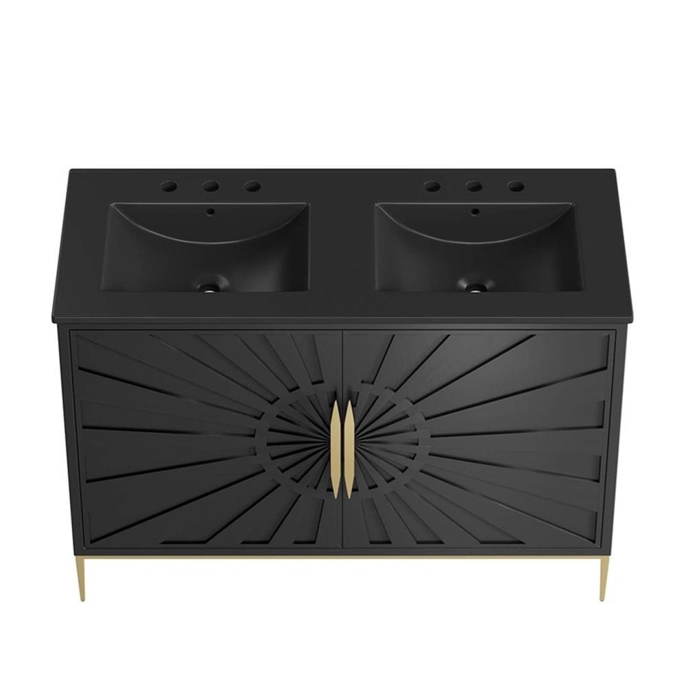 Pemberly Row 48″ Solid Wood and MDF Double Sink Bathroom Vanity in Black