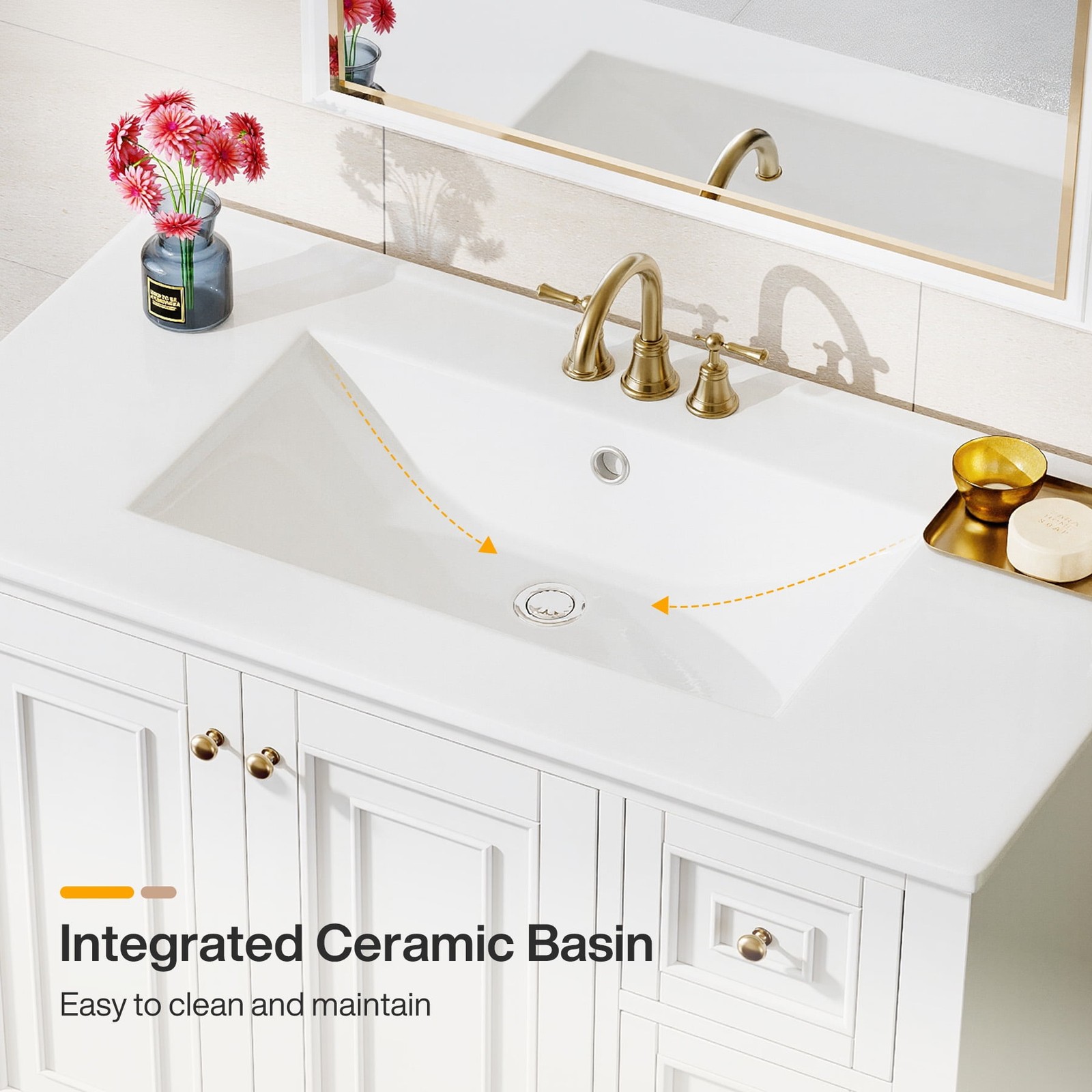 36” Bathroom Vanity with Ceramic Sink，Modern Wood Storage Cabinet with Drawers