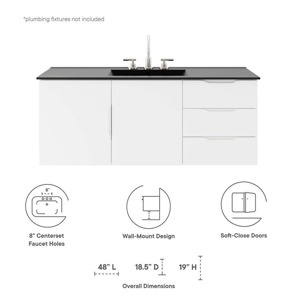 Modway Vitality Modern Wood Single Sink Bathroom Vanity in White/Black