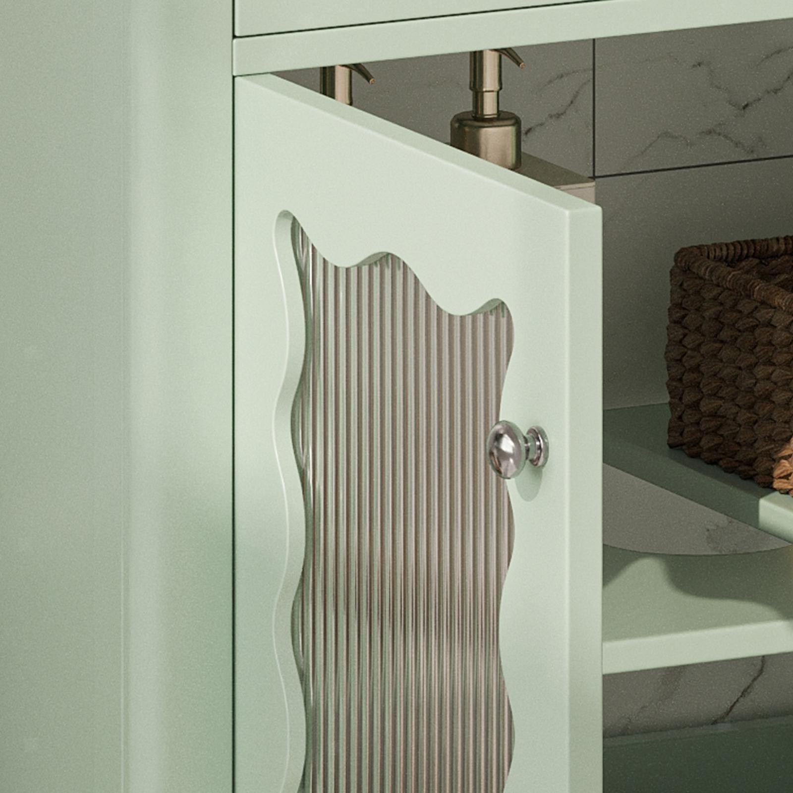 Green MDF Bathroom Vanity with Ceramic Sink Tempered Glass Cabinet Adjustable