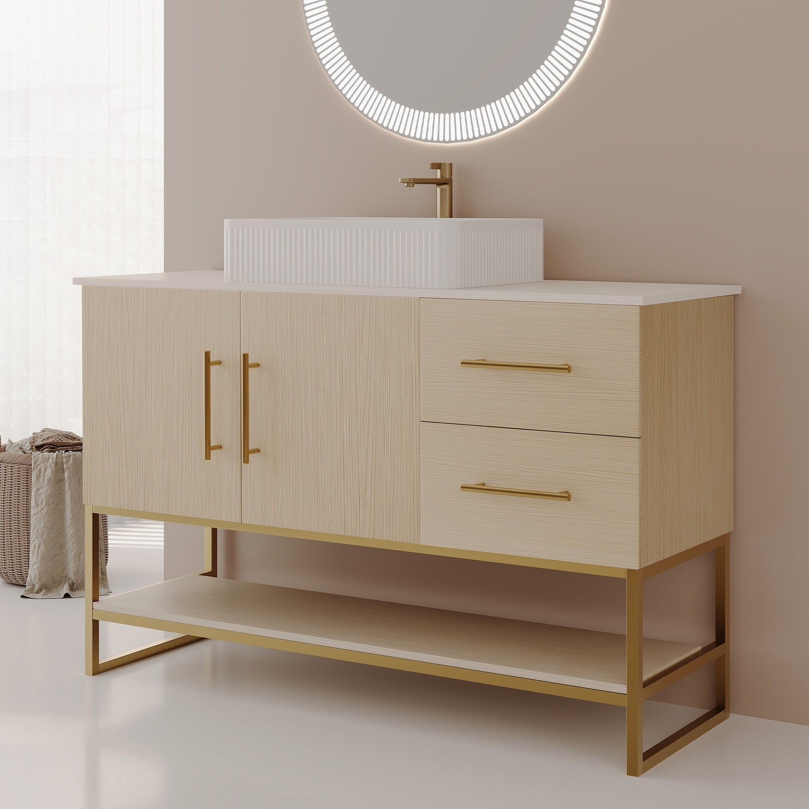 47.2″ Bathroom Vanity with Ceramic Sink, Gold Accent, White Oak