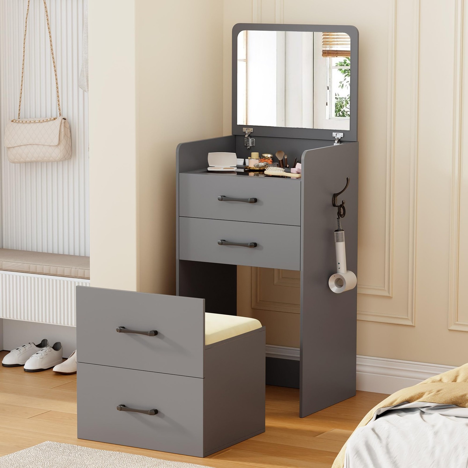 3-in-1 Vanity Desk Set with Mirror and Cushioned Stool Grey Makeup Dressing