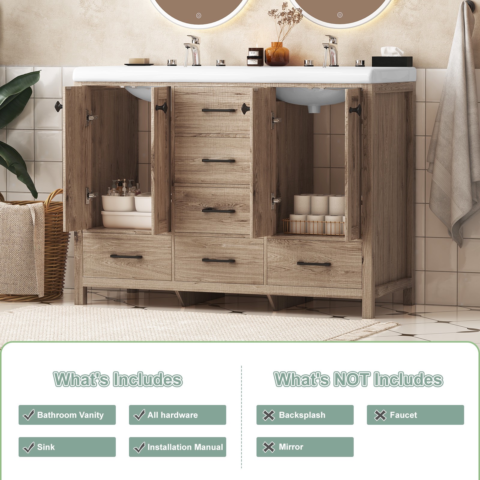 47” Bathroom Vanity w/Ceramic Sink Combo Freestanding Vanity Set with 6 Drawers