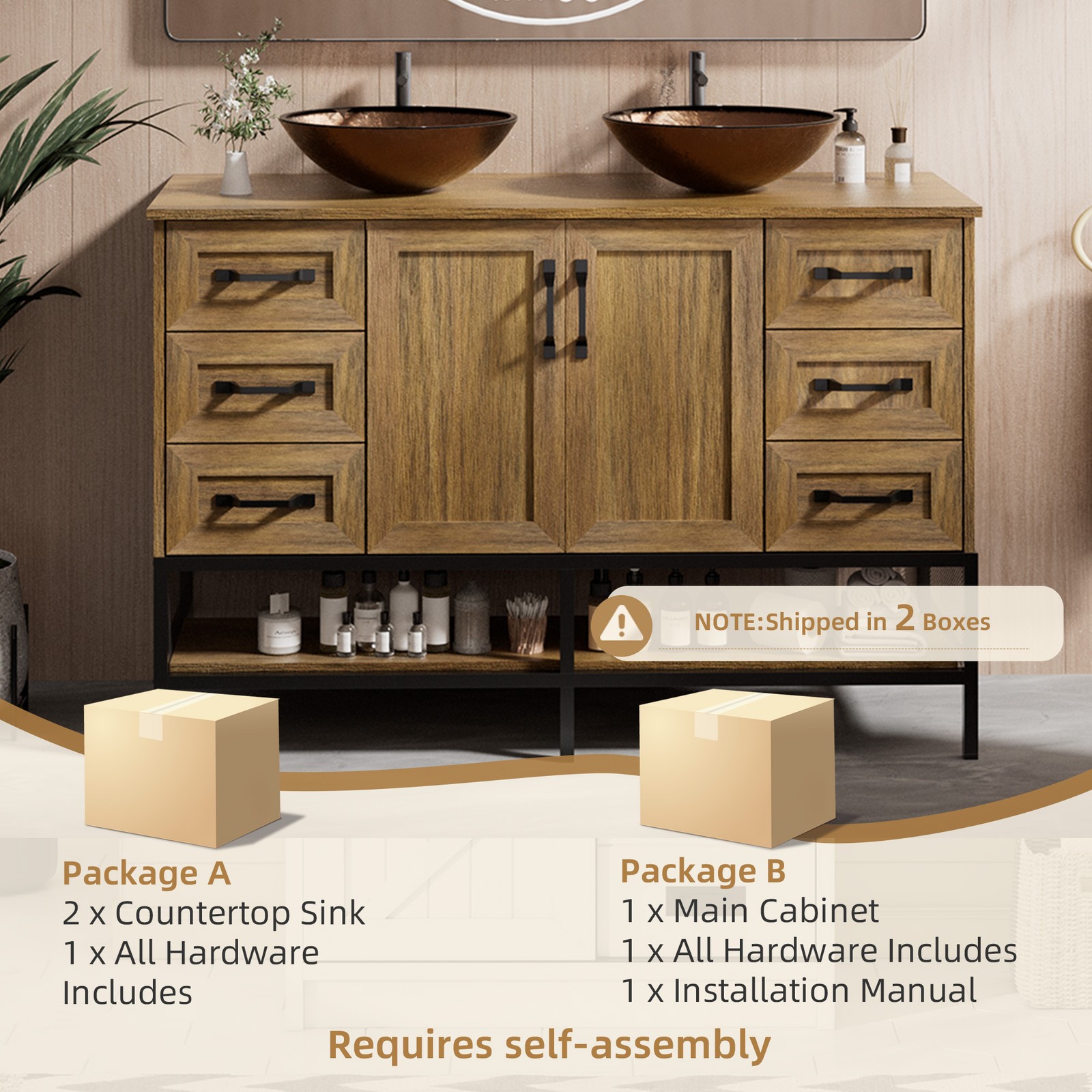 48″ Bathroom Vanity w/ Countertop Tempered Glass Vessel Modern Iron Wood Cabinet