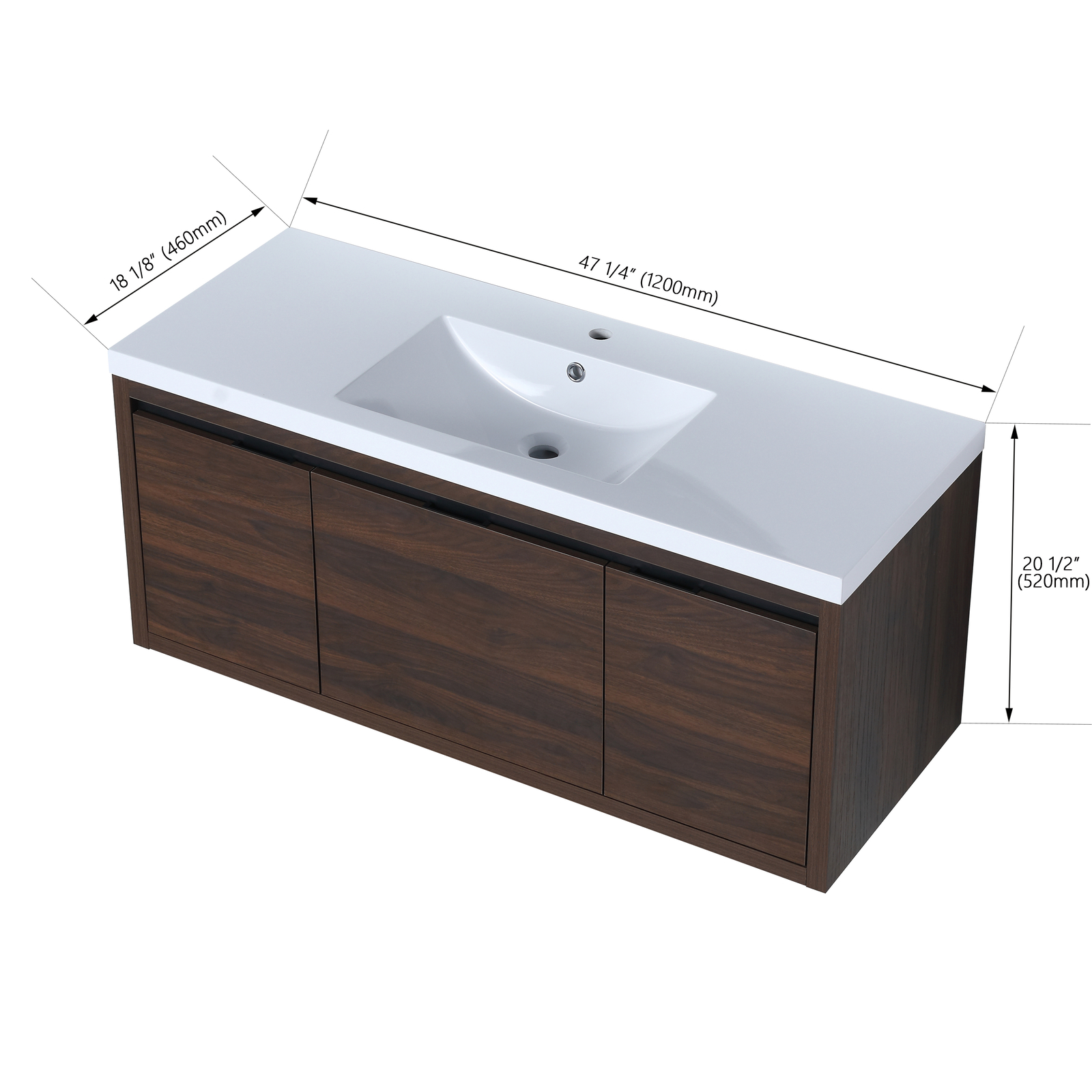 48Inch Floating Wall Mounted Bathroom Vanity Cabinet W/ Sink Doors Drawer Walnut