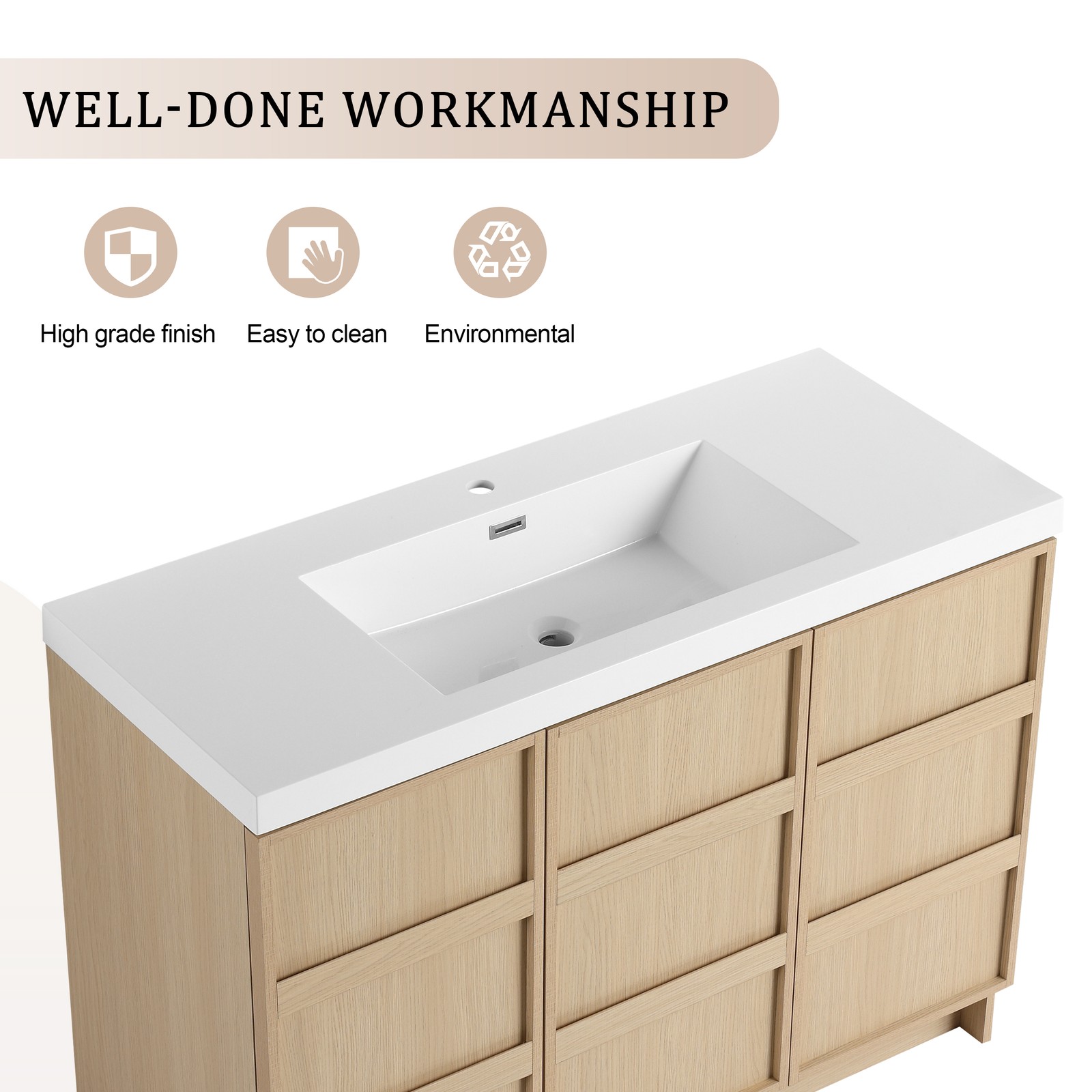 48 Inch Plywood Freestanding Bathroom Vanity Cabinet 3 Doors With Resin Sink Oak