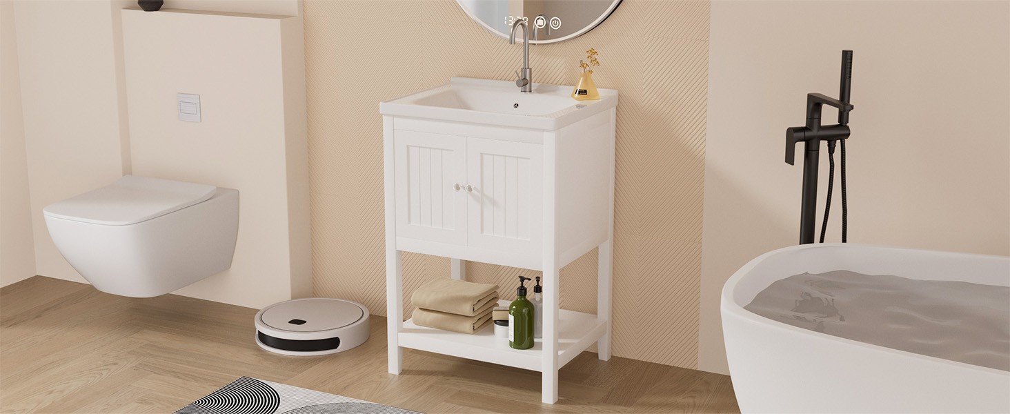 24 Inch Bathroom Vanity with Sink, Bathroom Sink Cabinet with 2 Doors and 1 Open