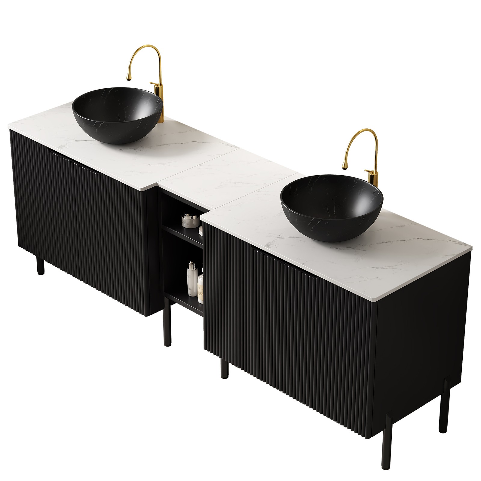 72″ Freestanding Double Bathroom Vanity with Sinks Black Carrara White
