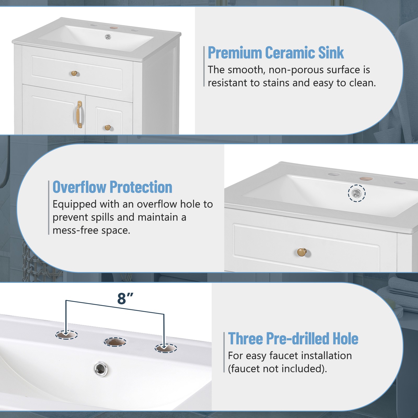 24Inch Bathroom Vanity Modern Bathroom Storage Cabinet with Ceramic Sink White