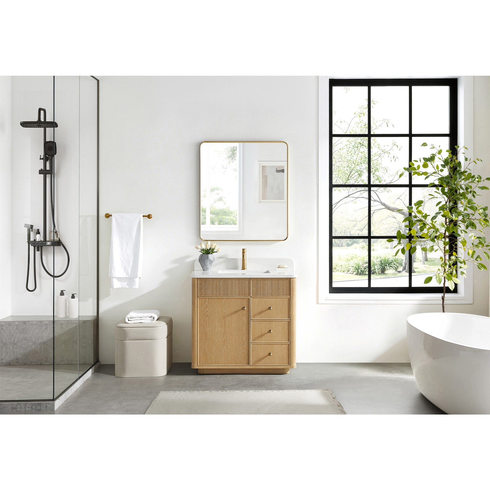 Zogno 36″ Solid Wood Single Bath Vanity in Washed Ash Gray with White Stone Top