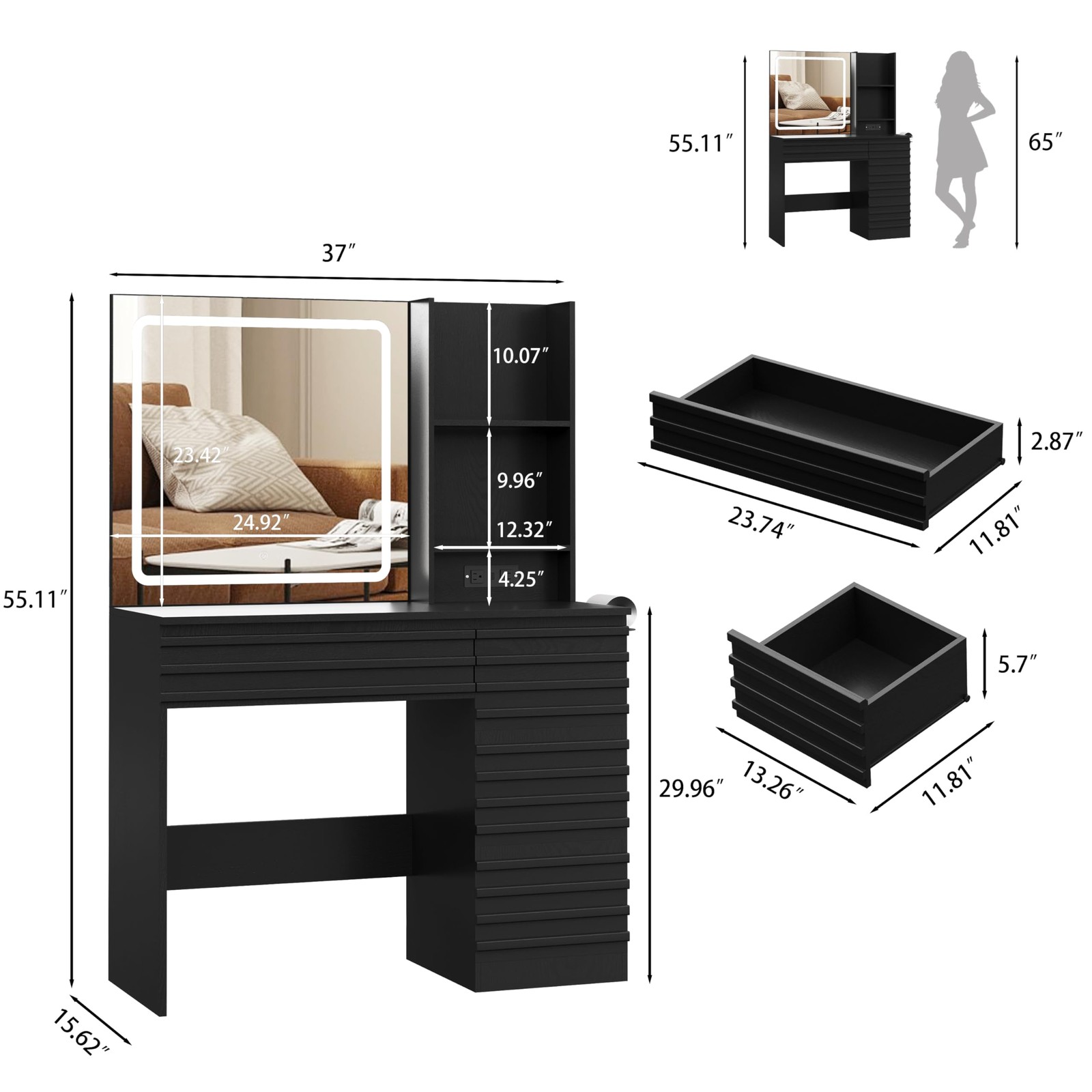 Black Fluted Vanity Desk with LED Mirror 4 Drawers Outlet 3 Modes Open Shelf