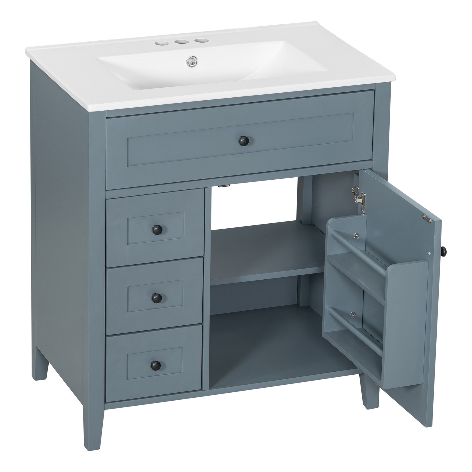 30″ Blue Gray Bathroom Vanity with Sink, 3 Drawers & Cabinet