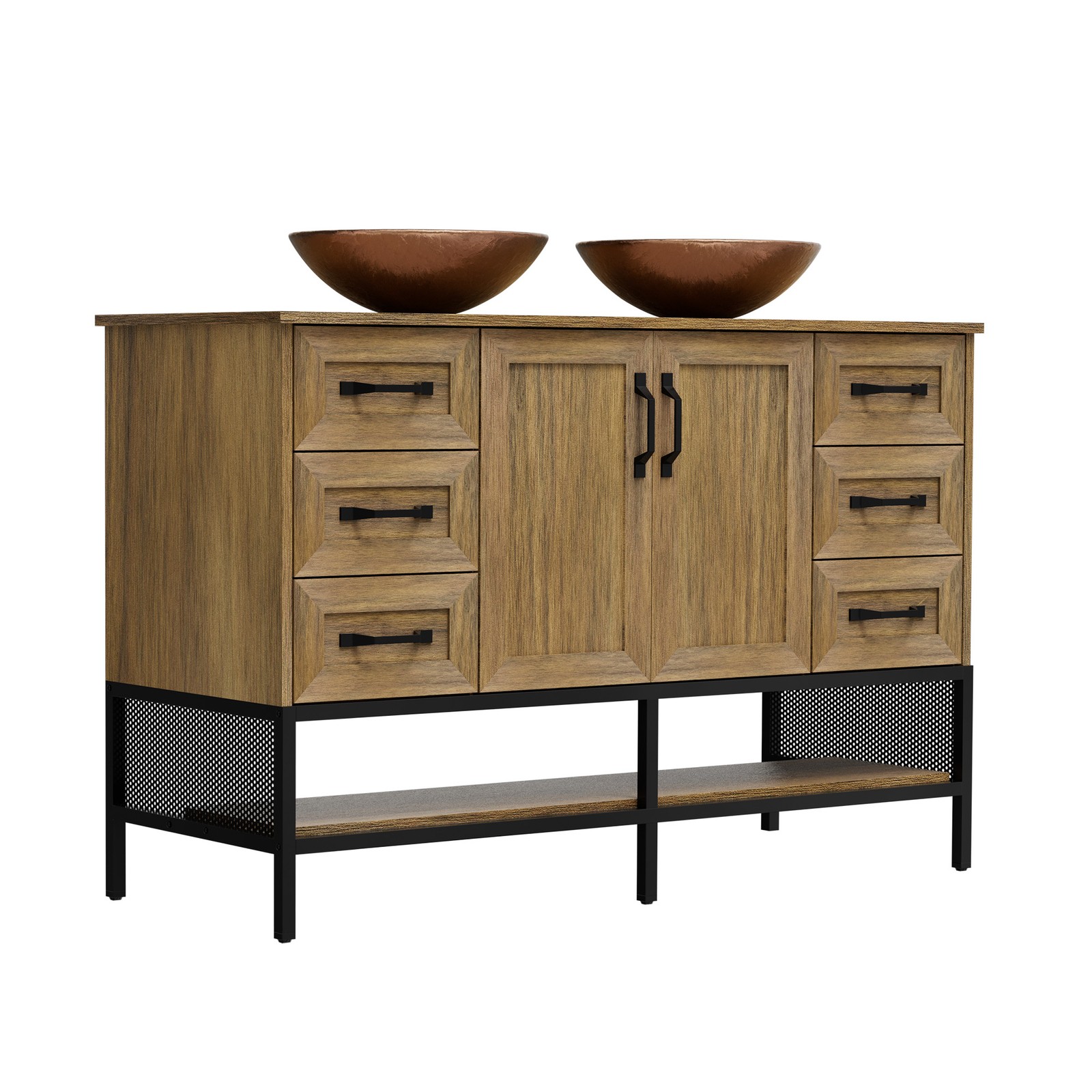 48″ Double Sink Bathroom Vanity w/ Open Shelves & 6 Storage Drawers Freestanding